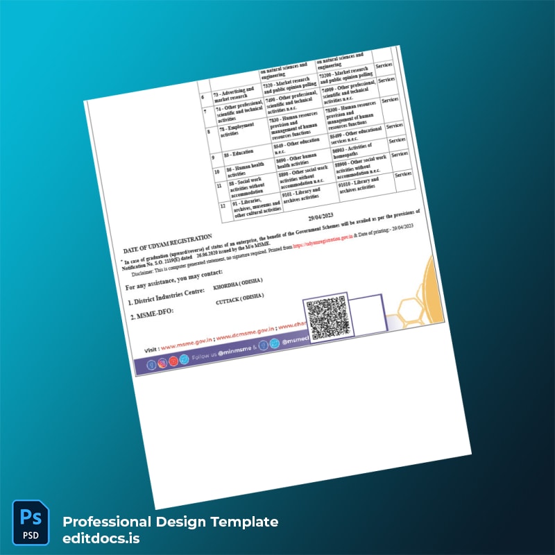 Editable India MSME Ministry of Micro Small and Medium Enterprises Udyam Registration Certificate Template in Word and PDF formats page 2 Page Preview