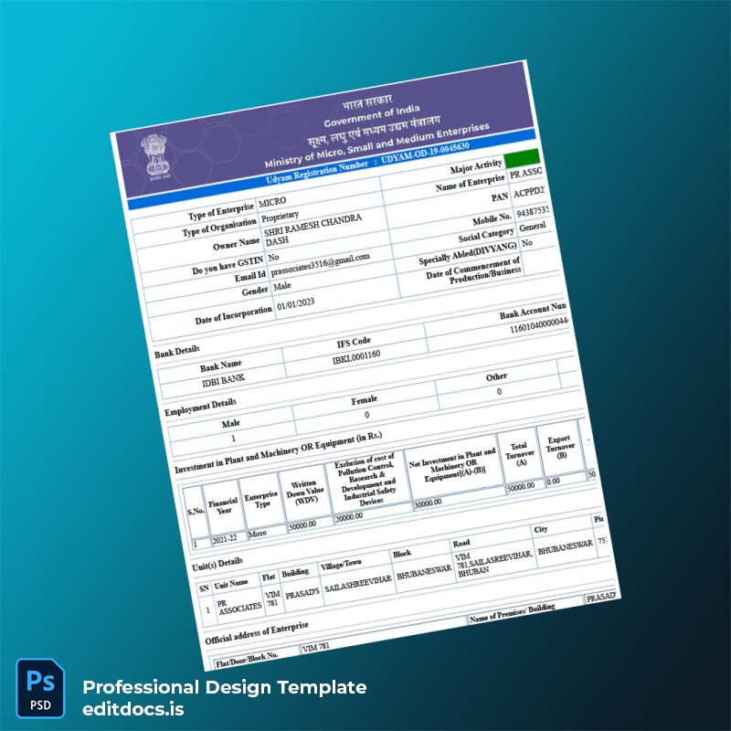Editable India MSME Ministry of Micro Small and Medium Enterprises Udyam Registration Certificate Template in Word and PDF formats page 3 Page Preview