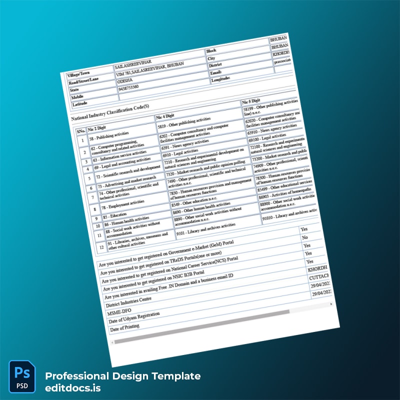 Editable India MSME Ministry of Micro Small and Medium Enterprises Udyam Registration Certificate Template in Word and PDF formats page 4 Page Preview