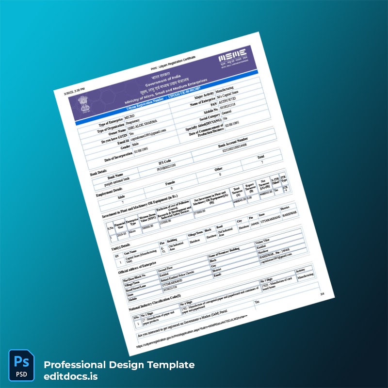 Editable India MSME Registration Certificate Template in Word and PDF formats page 3 Page Preview - EditDocs