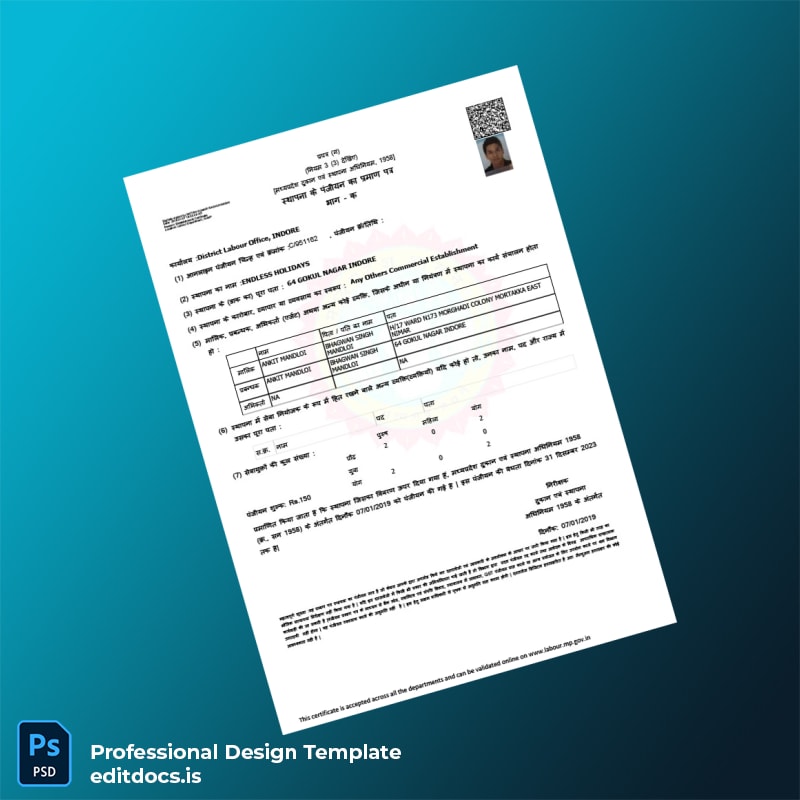 Editable India Madhya Pradesh District Labour Office Business Registration Certificate Template (Word&PDF) Page Preview - EditDocs