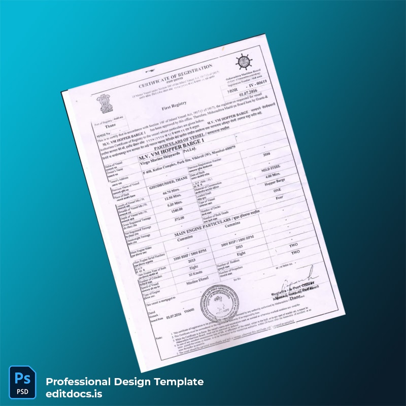 Editable India Maharashtra Maritime Board Registration Certificate Template (Word&PDF) Page Preview - EditDocs