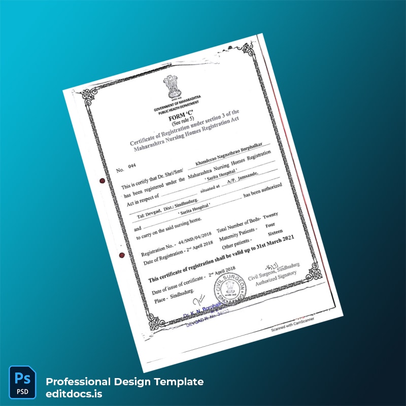 Editable India Maharashtra Nursing Homes Registration Certificate Template (Word&PDF) Page Preview - EditDocs