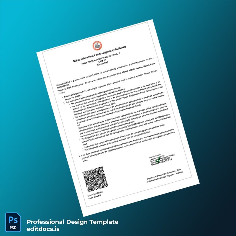Editable India Maharashtra Real Estate Regulatory Authority Registration Certificate Template (Word&PDF) Page Preview - EditDocs
