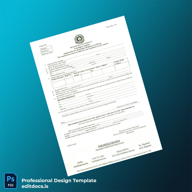 Editable India Manipur University Original Certificate Template (Word&PDF) Page Preview - EditDocs