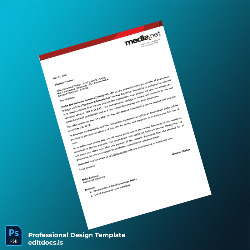 Editable India Media Net Software Services India Pvt Ltd Employment Verification Letter Template (Word&PDF) Page Preview - EditDocs