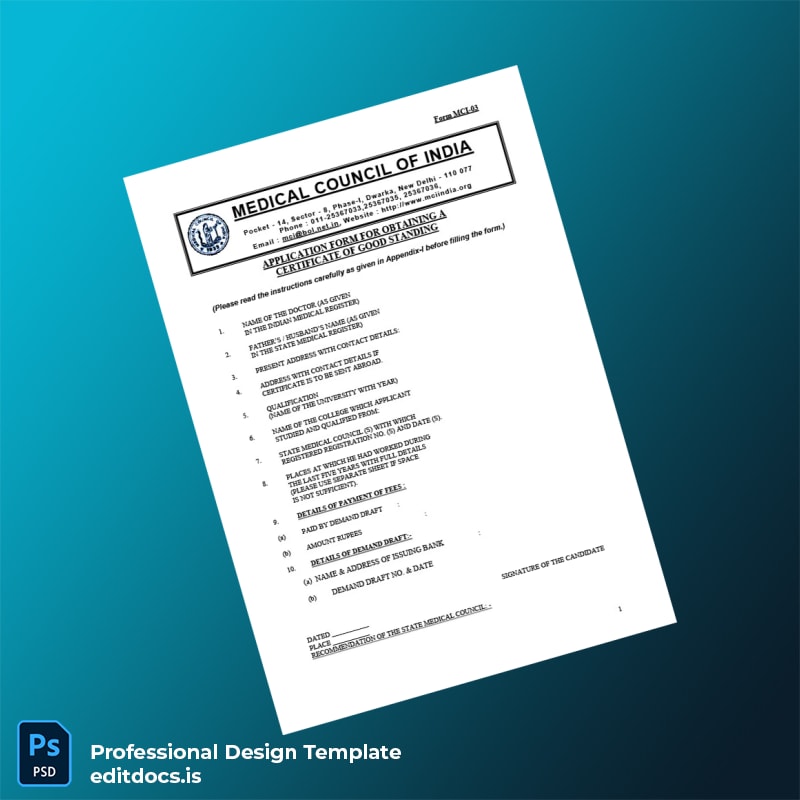 Editable India Medical Council Certificate of Good Standing Template (Word&PDF) Page Preview - EditDocs