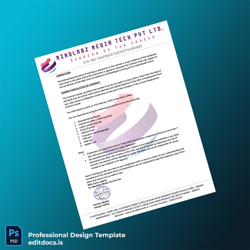 Editable India Mindlabz Media Tech Pvt Ltd Employment Verification Letter Template in Word and PDF formats page 4 Page Preview - EditDocs