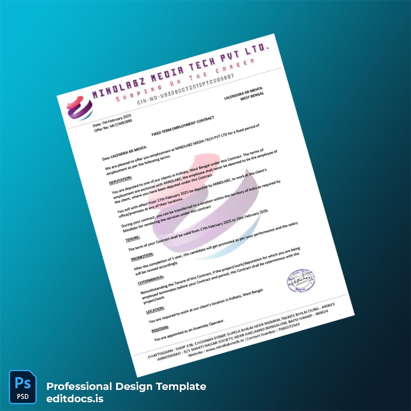 Editable India Mindlabz Media Tech Pvt Ltd Employment Verification Letter Template (Word&PDF) Page Preview - EditDocs
