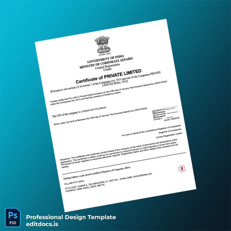 Editable India Ministry of Corporate Affairs Certificate of Incorporation Template (Word&PDF) Page Preview