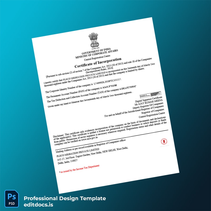 Editable India Ministry of Corporate Affairs Company Registration Certificate Template (Word&PDF) Page Preview