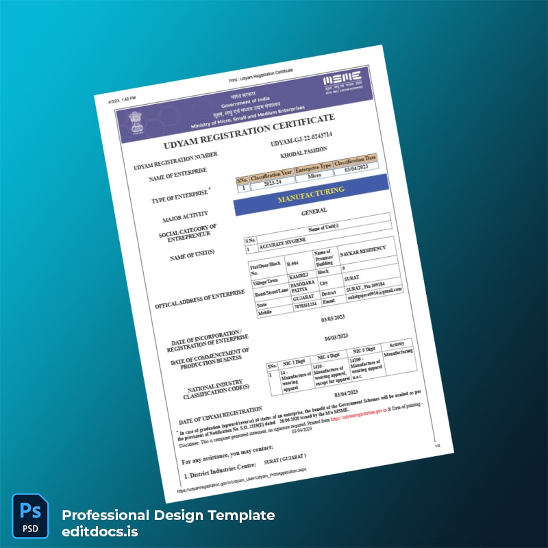 Editable India Ministry of Micro Small and Medium Enterprises Udyam Registration Certificate Template (Word&PDF) Page Preview