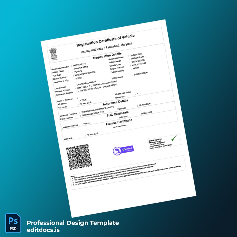 Editable India Ministry of Road Transport and Highways Registration Certificate Template (Word&PDF) Page Preview