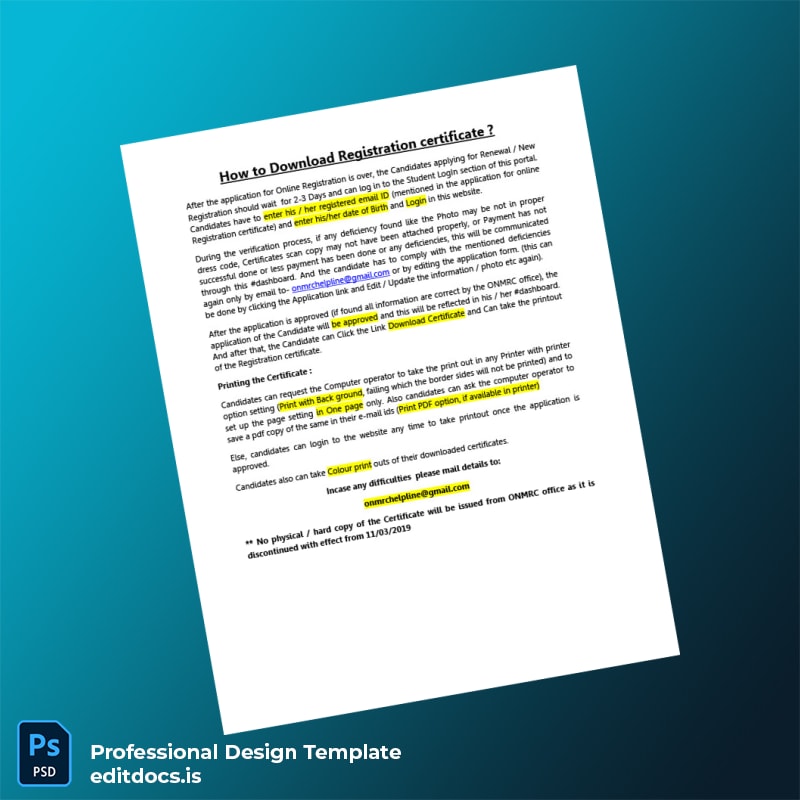 Editable India ONMRC Registration Certificate Template (Word&PDF) Page Preview