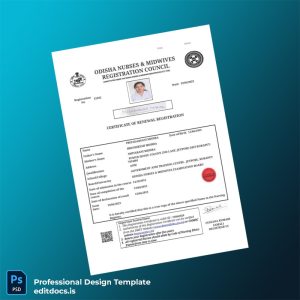 Editable India Odisha Nurses Midwives Registration Council Certificate of Renewal Registration Template (Word&PDF) Page Preview