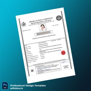 Editable India Odisha Nurses Midwives Registration Council Registration Certificate Template (Word&PDF) Page Preview