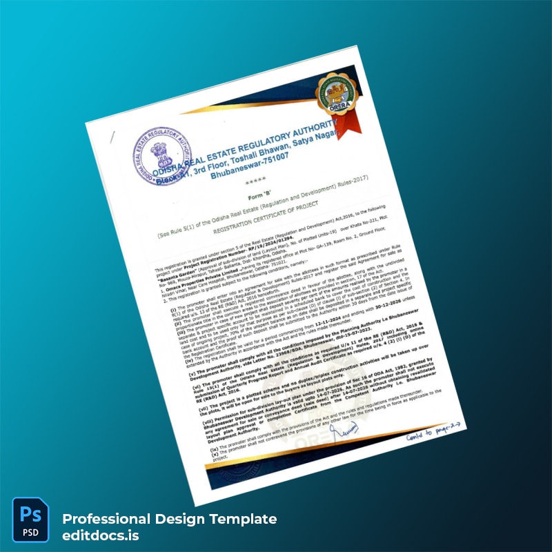 Editable India Odisha Registration Certificate Template (Word&PDF) Page Preview - EditDocs