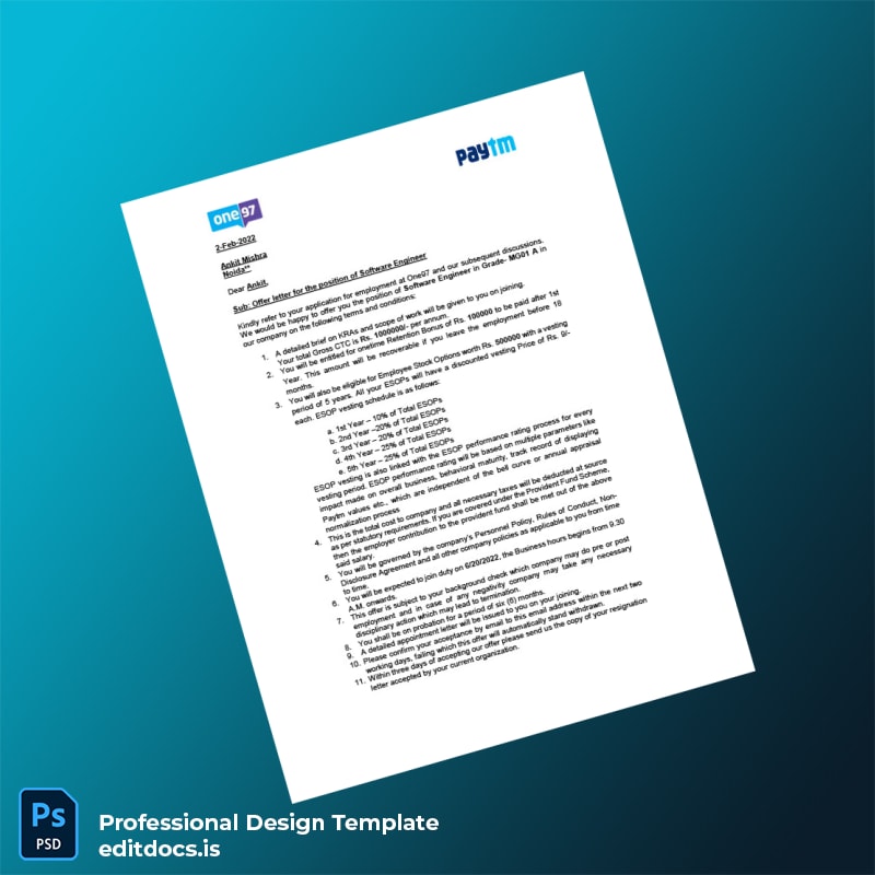 Editable India One97 Communications Ltd Employment Verification Letter Template (Word&PDF) Page Preview - EditDocs