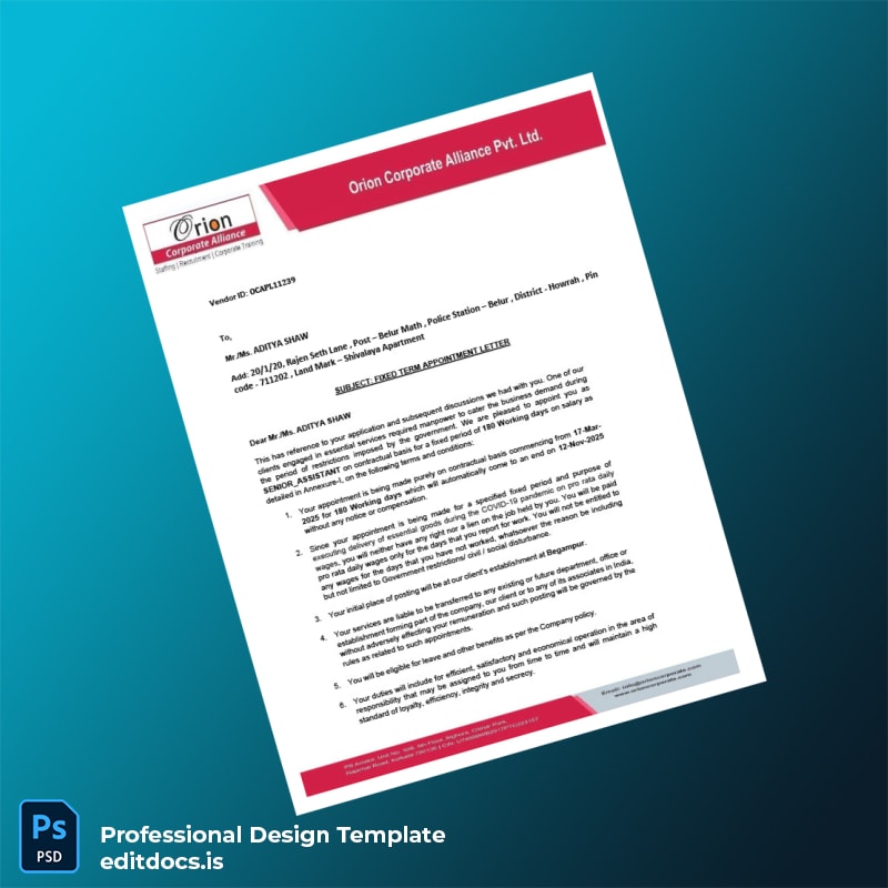 Editable India Orion Corporate Alliance Pvt Ltd Employment Verification Letter Template (Word&PDF) Page Preview - EditDocs