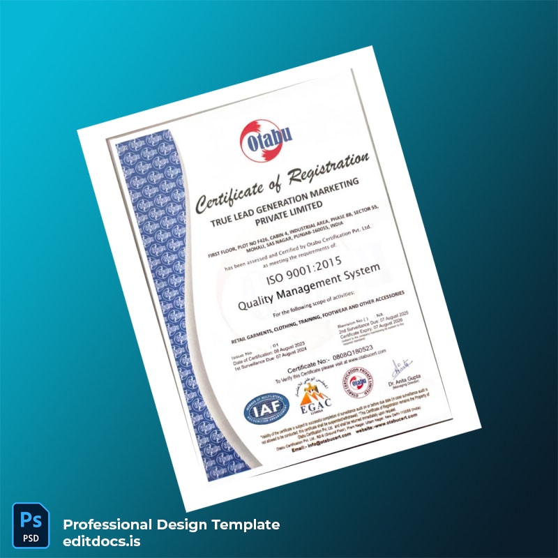 Editable India Otabu Certification Pvt Ltd Registration Certificate Template (Word&PDF) Page Preview - EditDocs