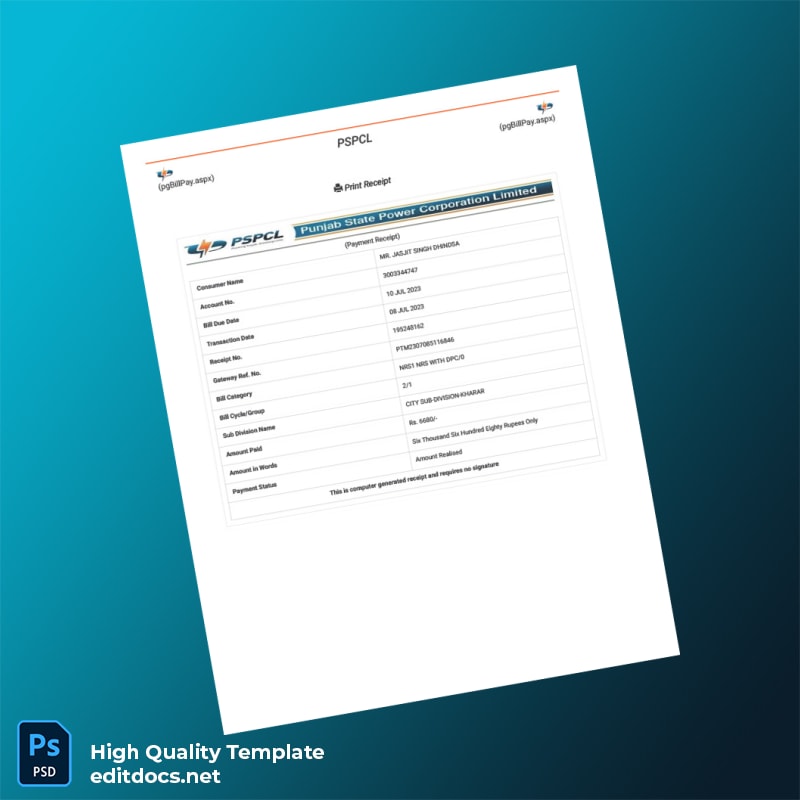 India PSPCL Editable Utility Bill Template in Word and PDF formats page 2