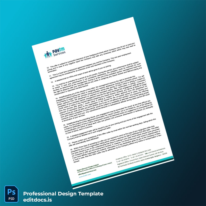 Editable India Paytm Services Employment Verification Letter Template in Word and PDF formats page 2 Page Preview - EditDocs