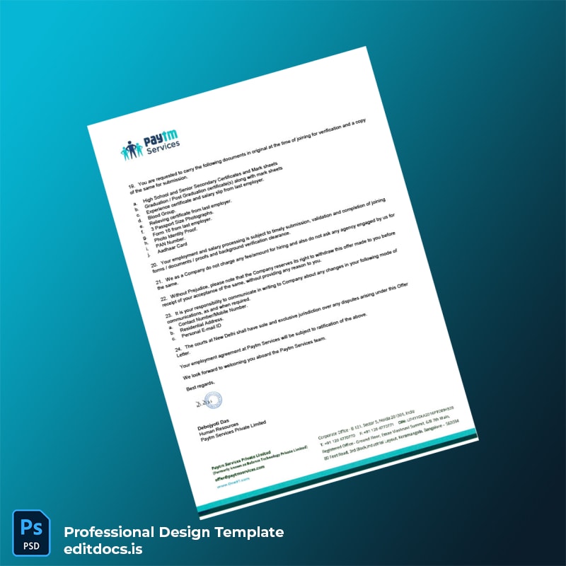 Editable India Paytm Services Employment Verification Letter Template in Word and PDF formats page 3 Page Preview - EditDocs