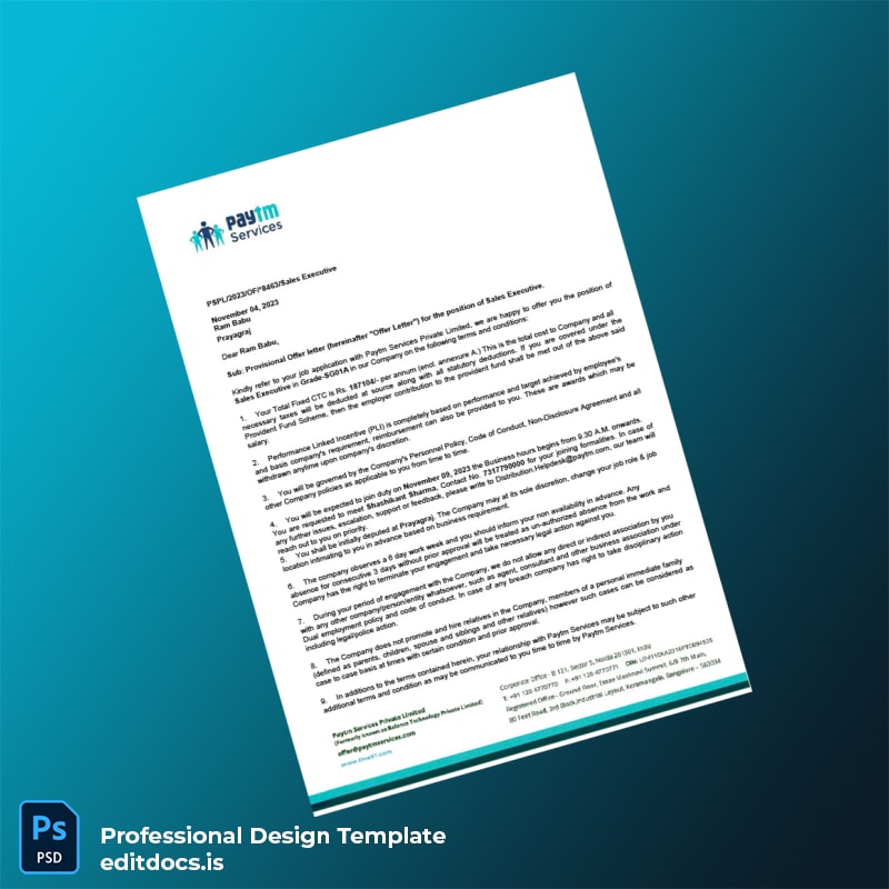 Editable India Paytm Services Employment Verification Letter Template (Word&PDF) Page Preview - EditDocs