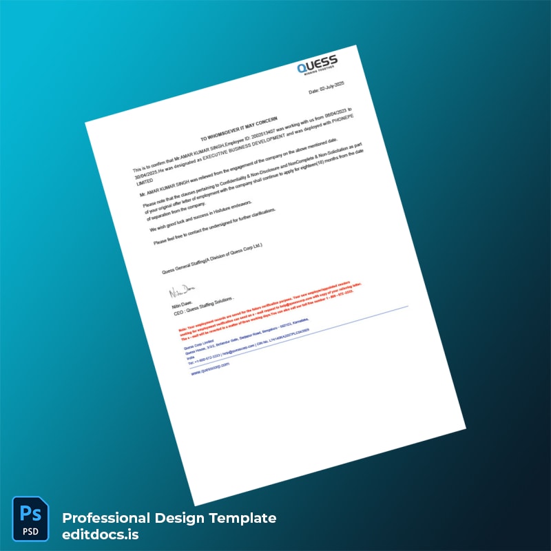 Editable India PhonePe Limited Employment Verification Letter Template (Word&PDF) Page Preview - EditDocs