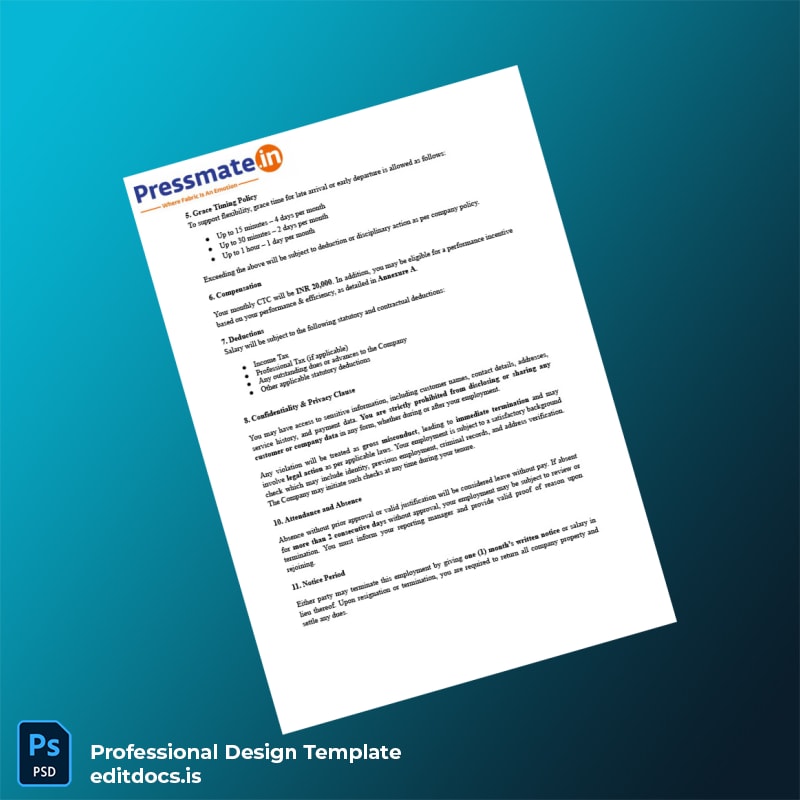Editable India Pressmate Dotin Care Pvt Ltd Joining Letter Template in Word and PDF formats page 2 Page Preview - EditDocs