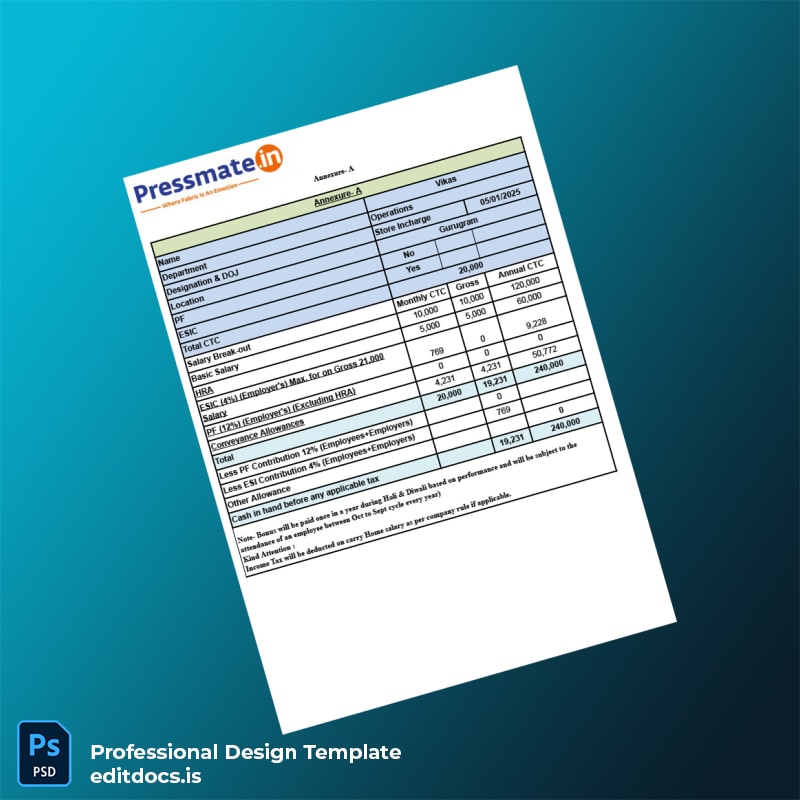 Editable India Pressmate Dotin Care Pvt Ltd Joining Letter Template in Word and PDF formats page 3 Page Preview - EditDocs