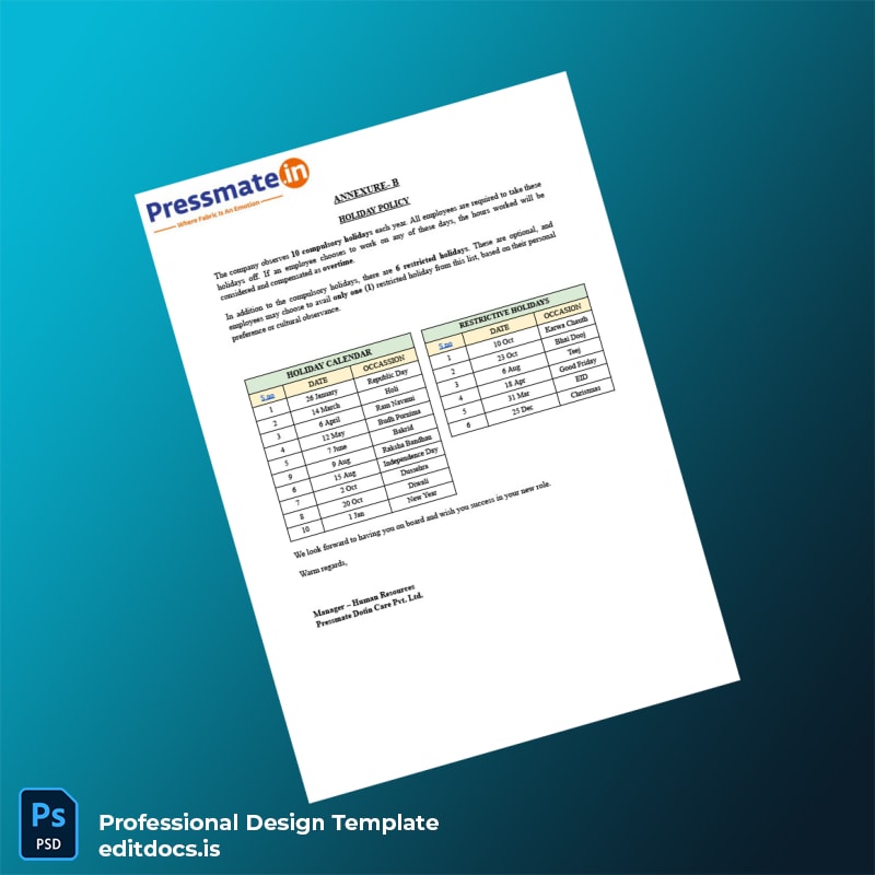 Editable India Pressmate Dotin Care Pvt Ltd Joining Letter Template in Word and PDF formats page 4 Page Preview - EditDocs