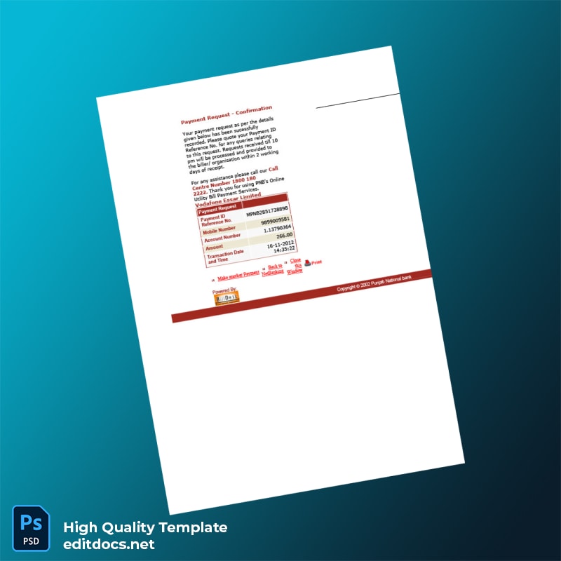 India Punjab National Bank Editable Payment Confirmation Template in Word and PDF formats