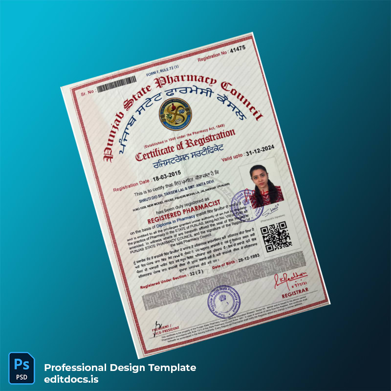 Editable India Punjab State Pharmacy Council Registration Certificate Template (Word&PDF) Page Preview - EditDocs