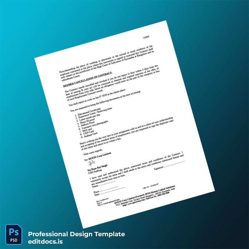 Editable India Quess Corp Limited Employment Verification Letter Template in Word and PDF formats page 4 Page Preview - EditDocs