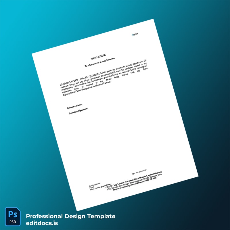 Editable India Quess Corp Limited Employment Verification Letter Template in Word and PDF formats page 8 Page Preview - EditDocs