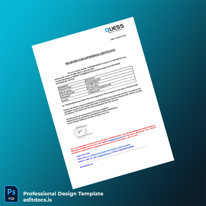 Editable India Quess General Staffing Experience Certificate Template (Word&PDF) Page Preview - EditDocs