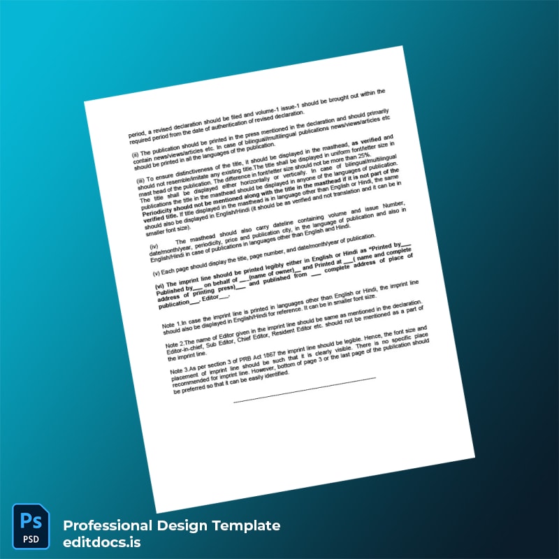 Editable India RNI Registration Certificate Template in Word and PDF formats page 2 Page Preview