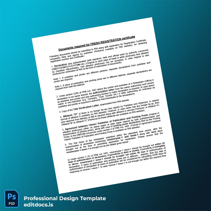 Editable India RNI Registration Certificate Template (Word&PDF) Page Preview