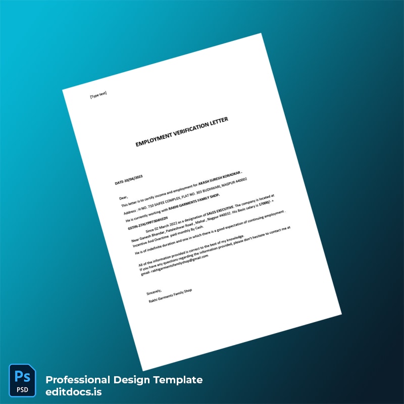 Editable India Rakhi Garments Family Shop Employment Verification Letter Template (Word&PDF) Page Preview - EditDocs