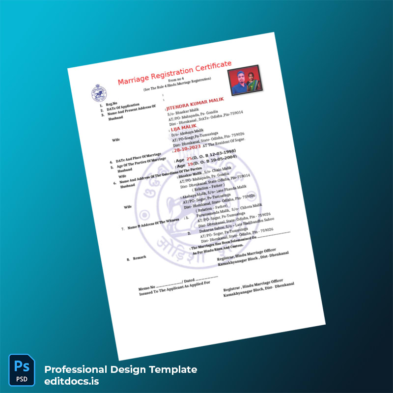 Editable India Registrar Marriage Registration Certificate Template in Word and PDF formats page 2 Page Preview