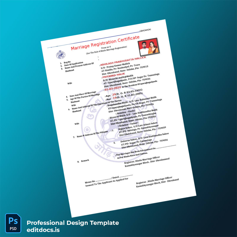 Editable India Registrar Marriage Registration Certificate Template (Word&PDF) Page Preview
