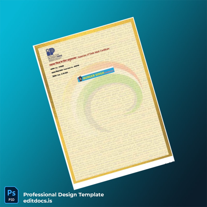 Editable India Registrar of Trademarks Registration Certificate Template in Word and PDF formats page 2 Page Preview - EditDocs