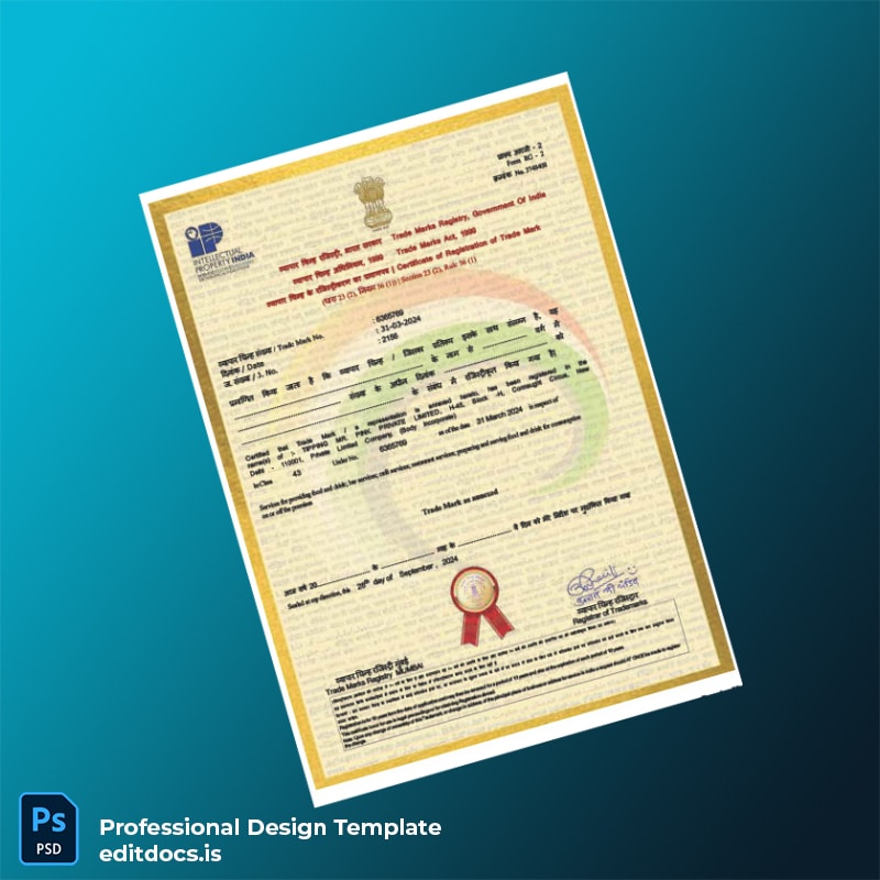 Editable India Registrar of Trademarks Registration Certificate Template (Word&PDF) Page Preview - EditDocs
