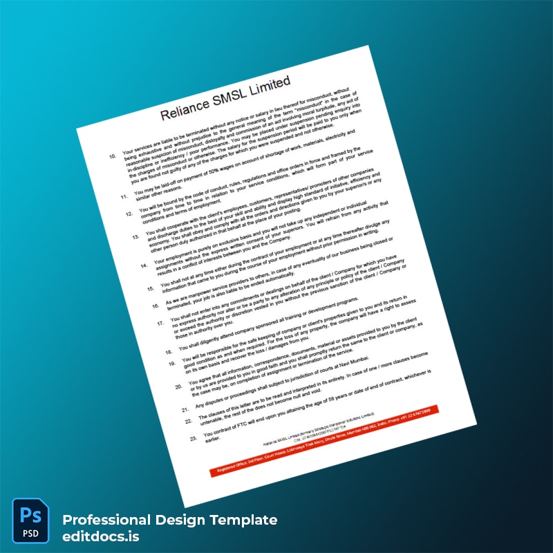 Editable India Reliance SMSL Limited Employment Verification Letter Template in Word and PDF formats page 4 Page Preview - EditDocs