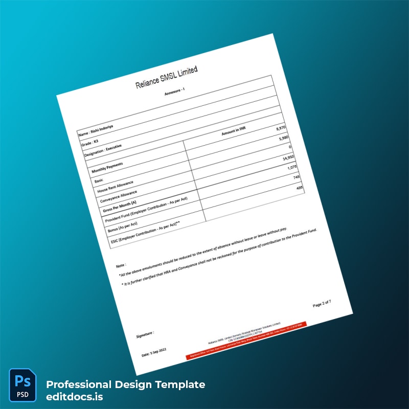 Editable India Reliance SMSL Limited Salary Certificate Template in Word and PDF formats page 2 Page Preview - EditDocs