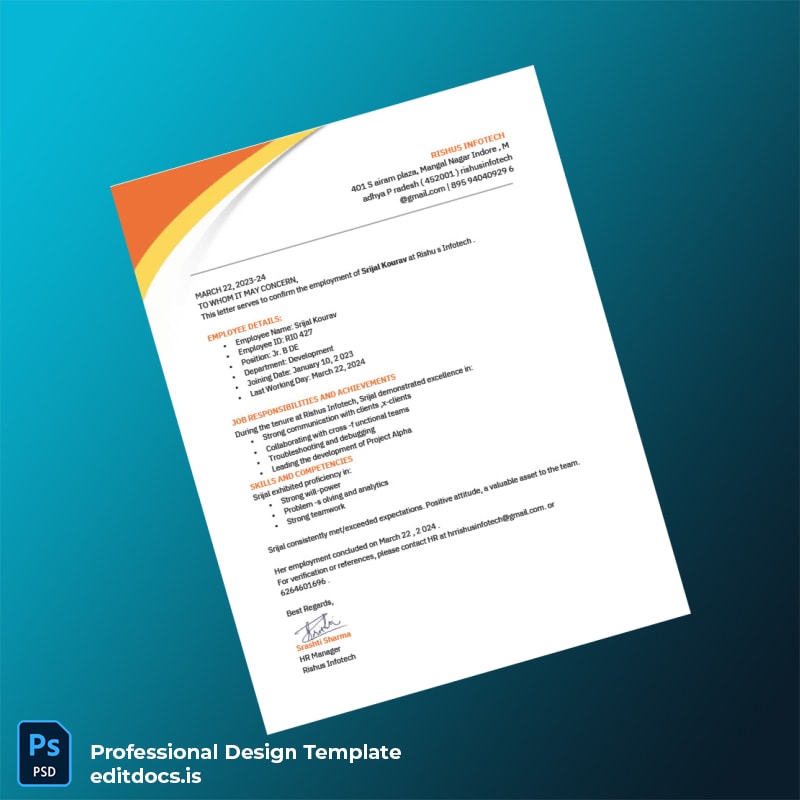 Editable India Rishu s Infotech Employment Verification Letter Template (Word&PDF) Page Preview - EditDocs
