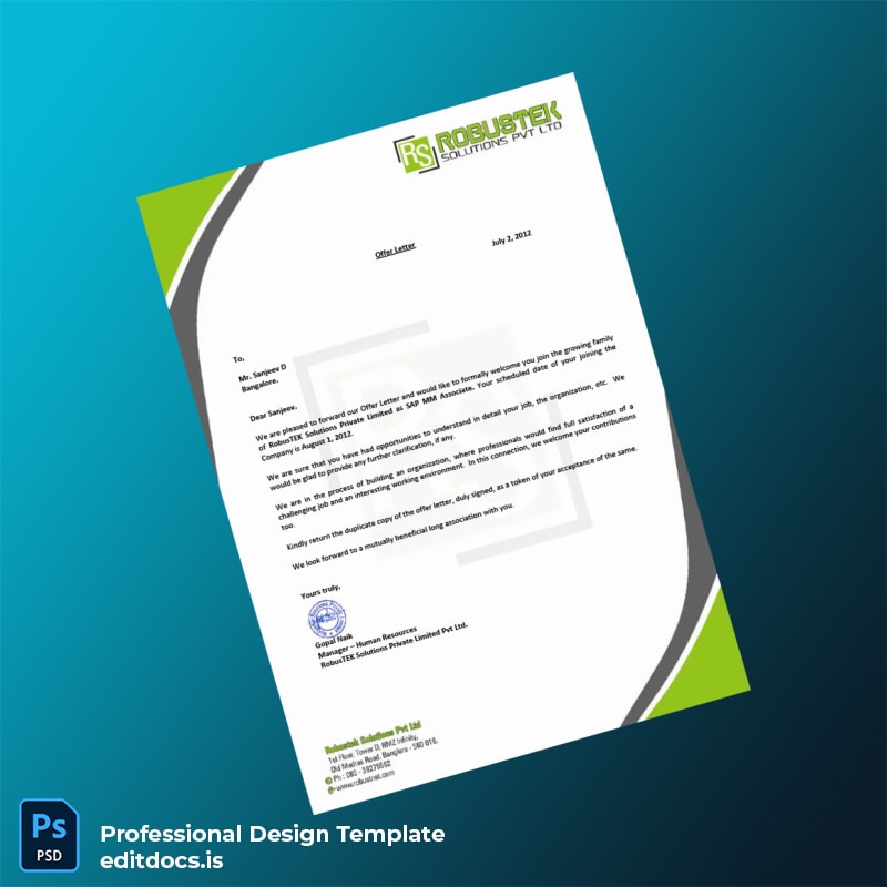 Editable India RobusTEK Solutions Employment Verification Letter Template (Word&PDF) Page Preview - EditDocs