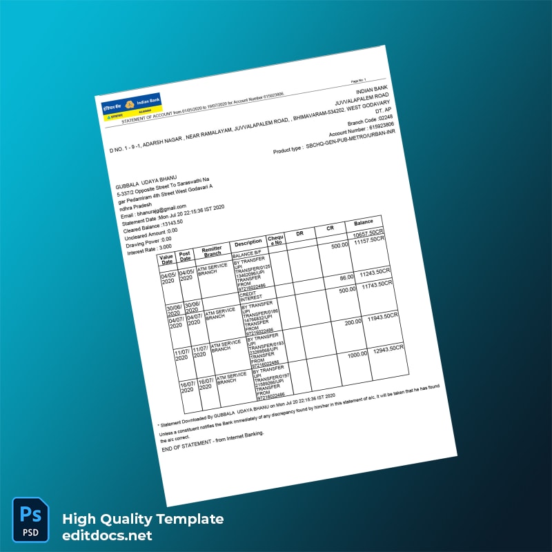 India SBCHQ Bank Statement Template in Word and PDF formats