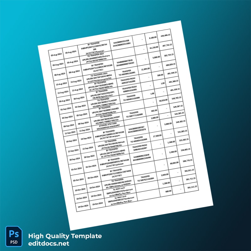 India SBI Account Statement Template in Word and PDF formats page 2